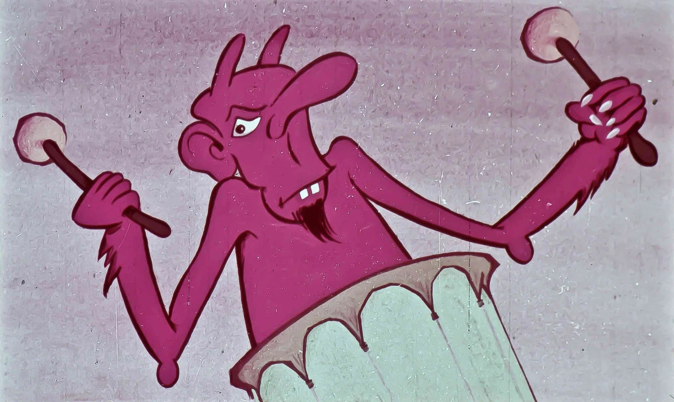 Ilustrație animată cu un personaj roșu care bate la un instrument de percuție, având un discurs despre draci.